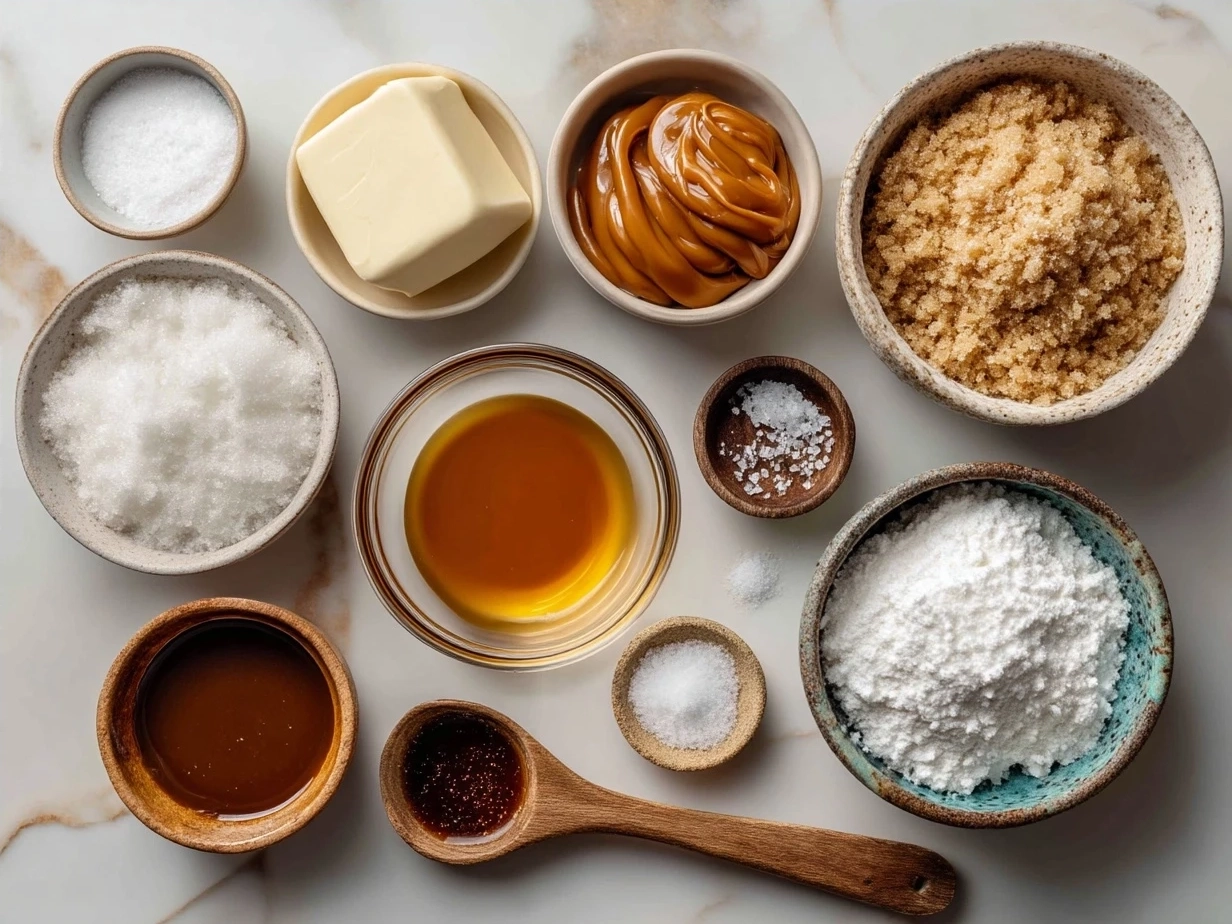Ingredients laid out for salted caramel cookies including butter, sugars, caramel bits, eggs, and vanilla