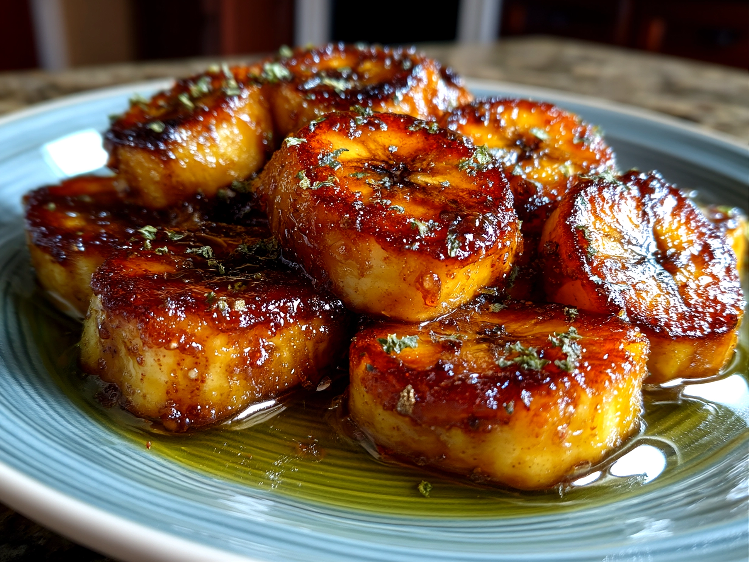Close-up of finished caramelized baked banana slices showing crispy texture