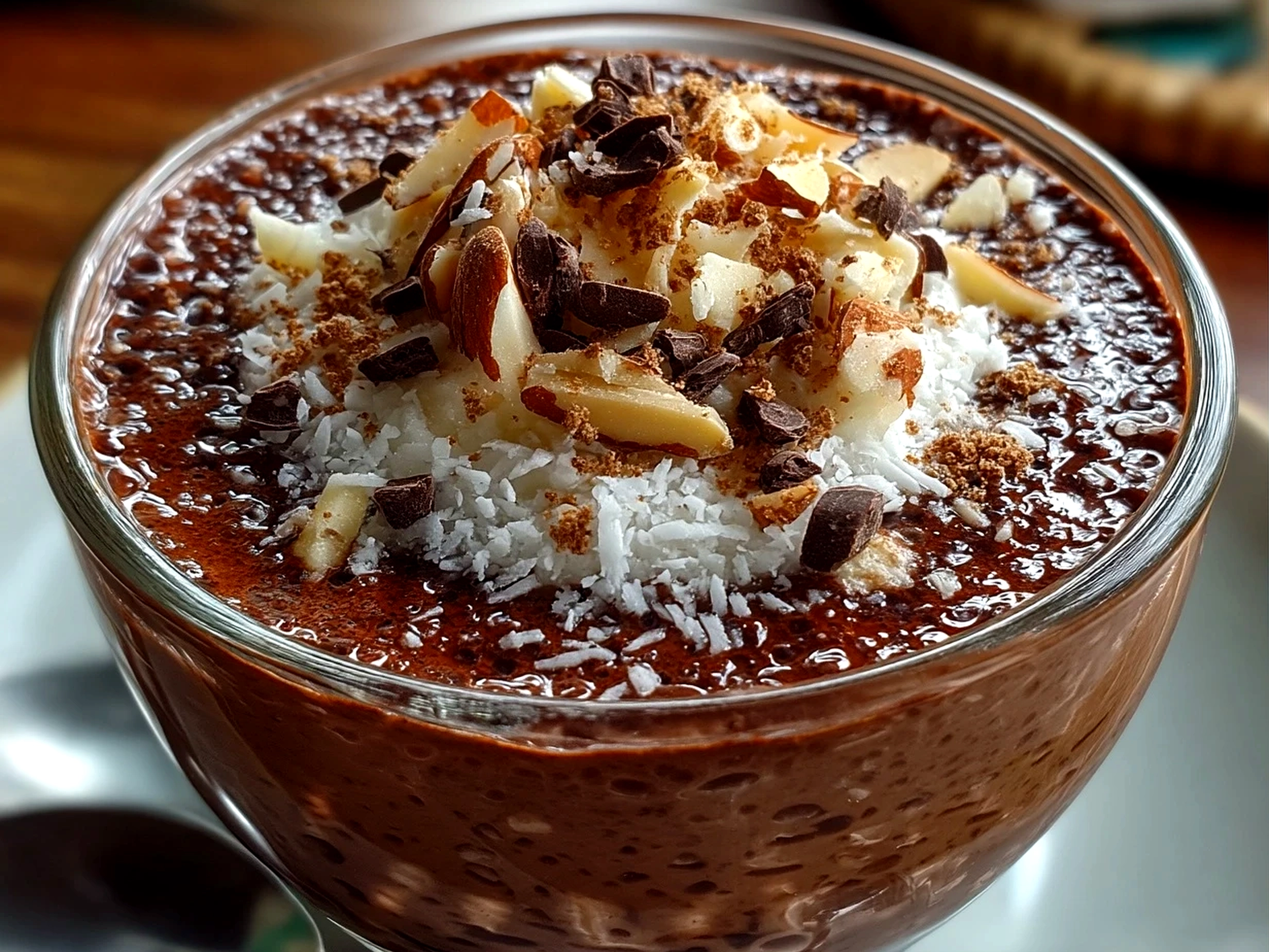 Slight angle close up of finished Coconut Almond Chocolate Pudding topped with toasted almonds