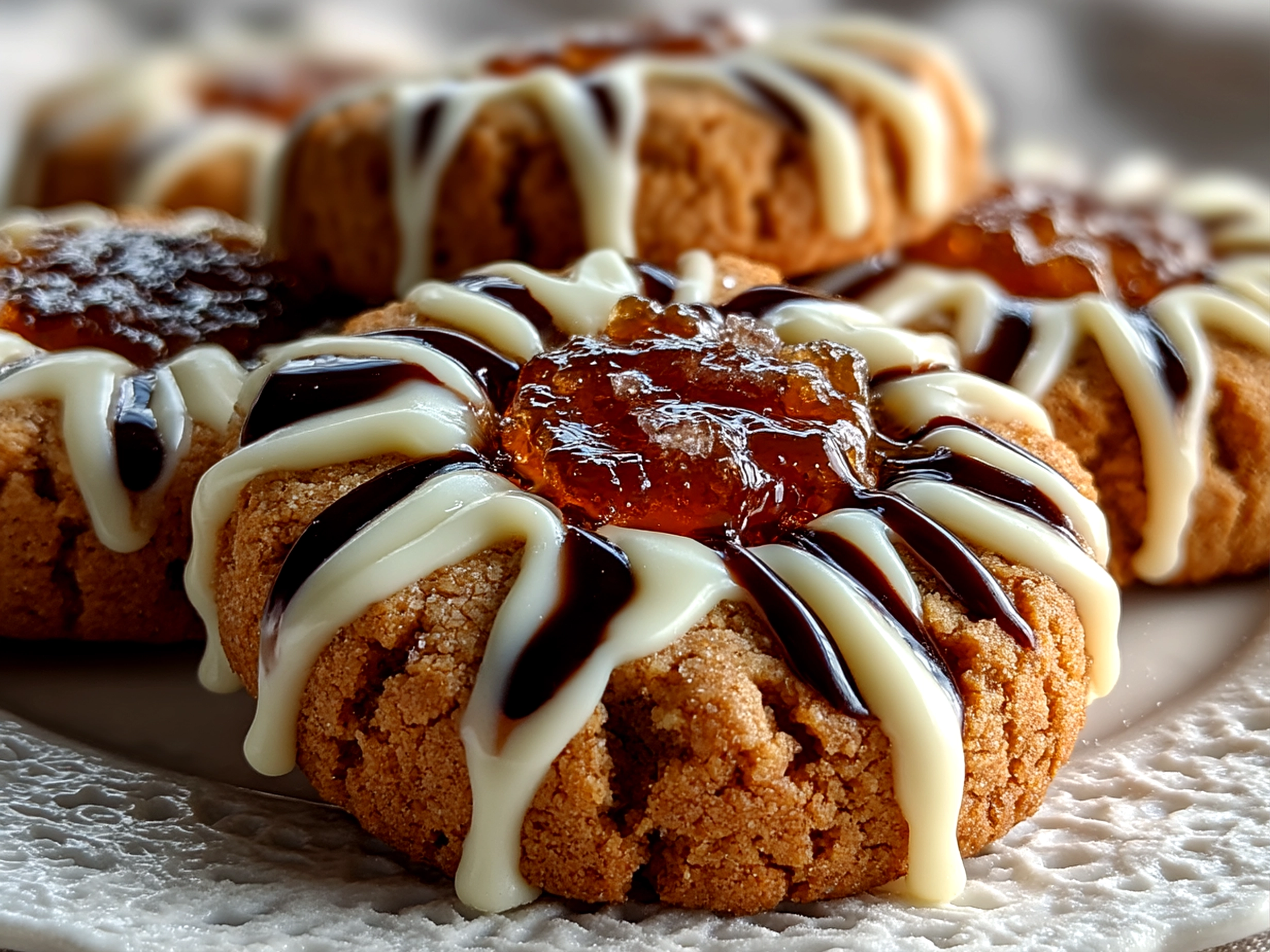 Slight angle close-up of finished comforting Eggnog Gingerbread Thumbprint Cookies on white plate
