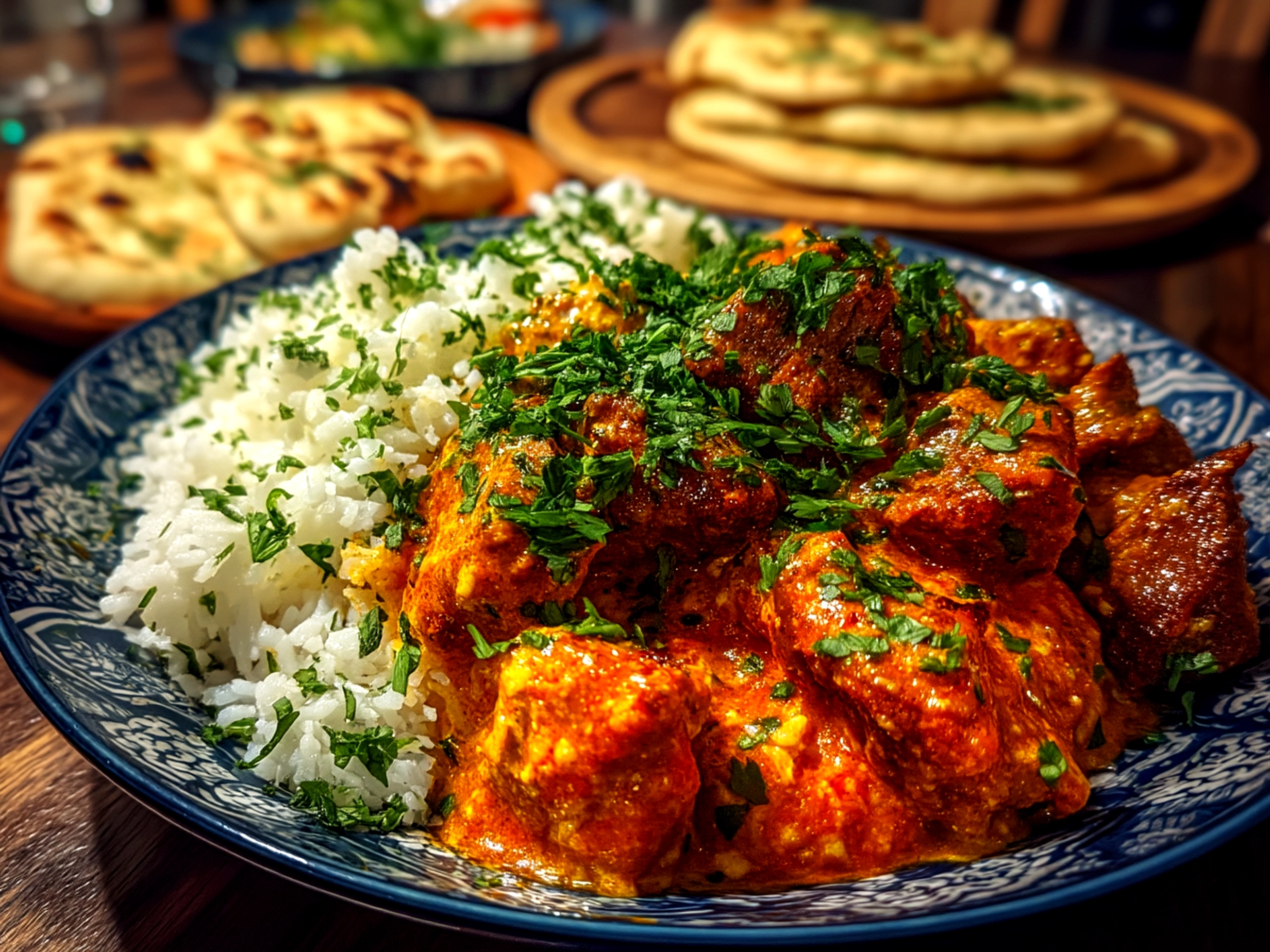 Slight angle close-up of finished delicious Butter Chicken served in a bowl garnished with fresh cilantro