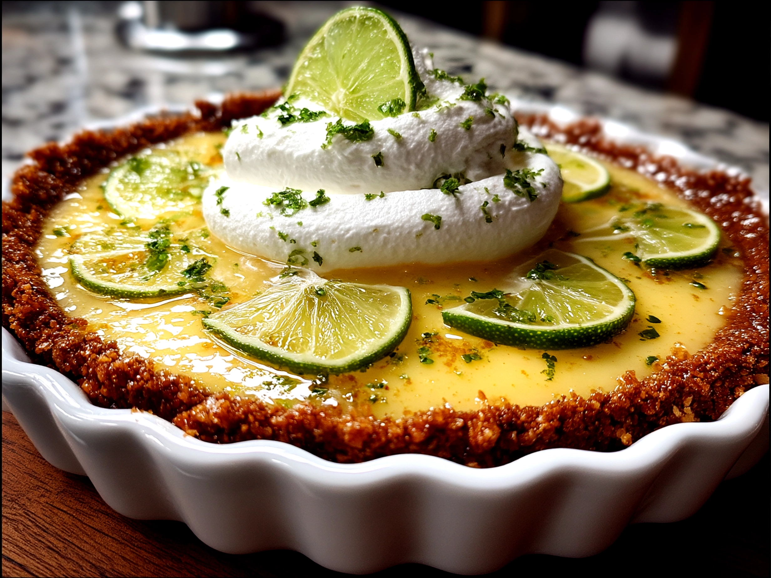 Slight angle close-up of a finished fresh Key Lime Pie topped with whipped cream