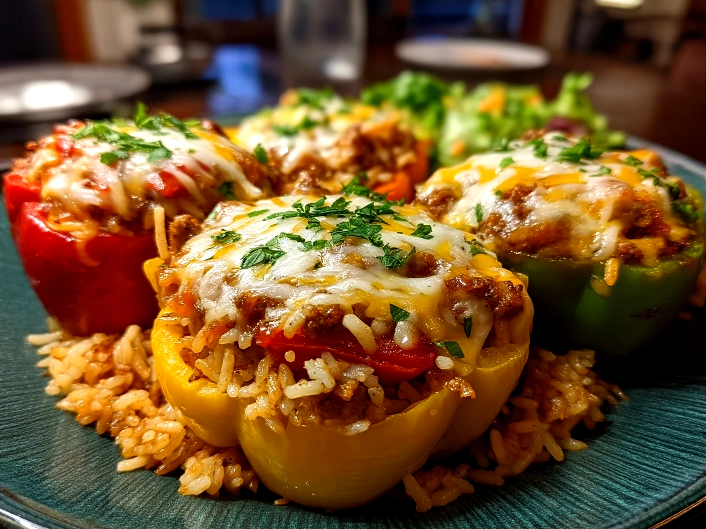 Slight angle close-up of finished homemade Stuffed Bell Pepper Rice Boats