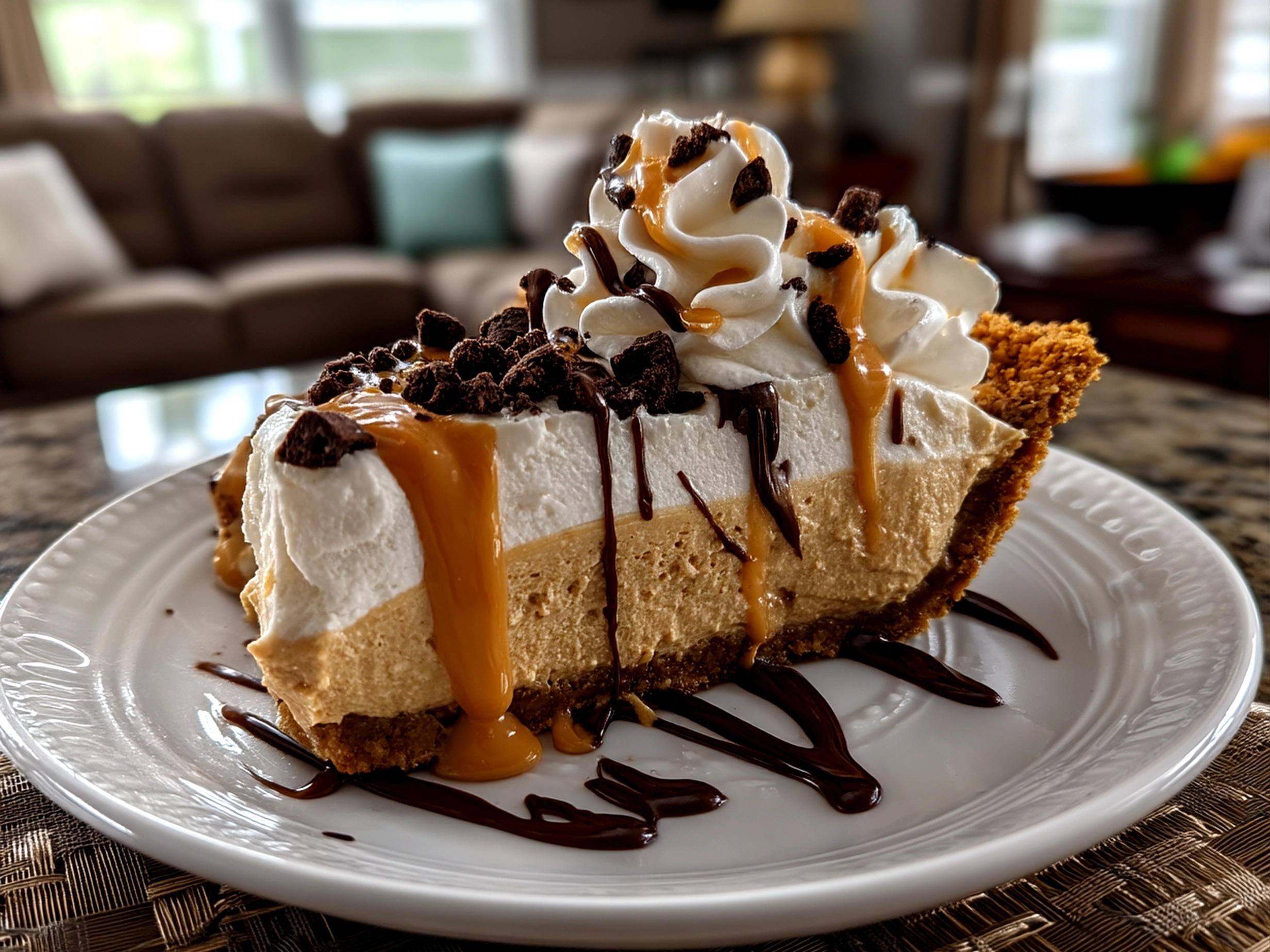Slight angle close-up of finished Old Fashioned Peanut Butter Pie with creamy topping