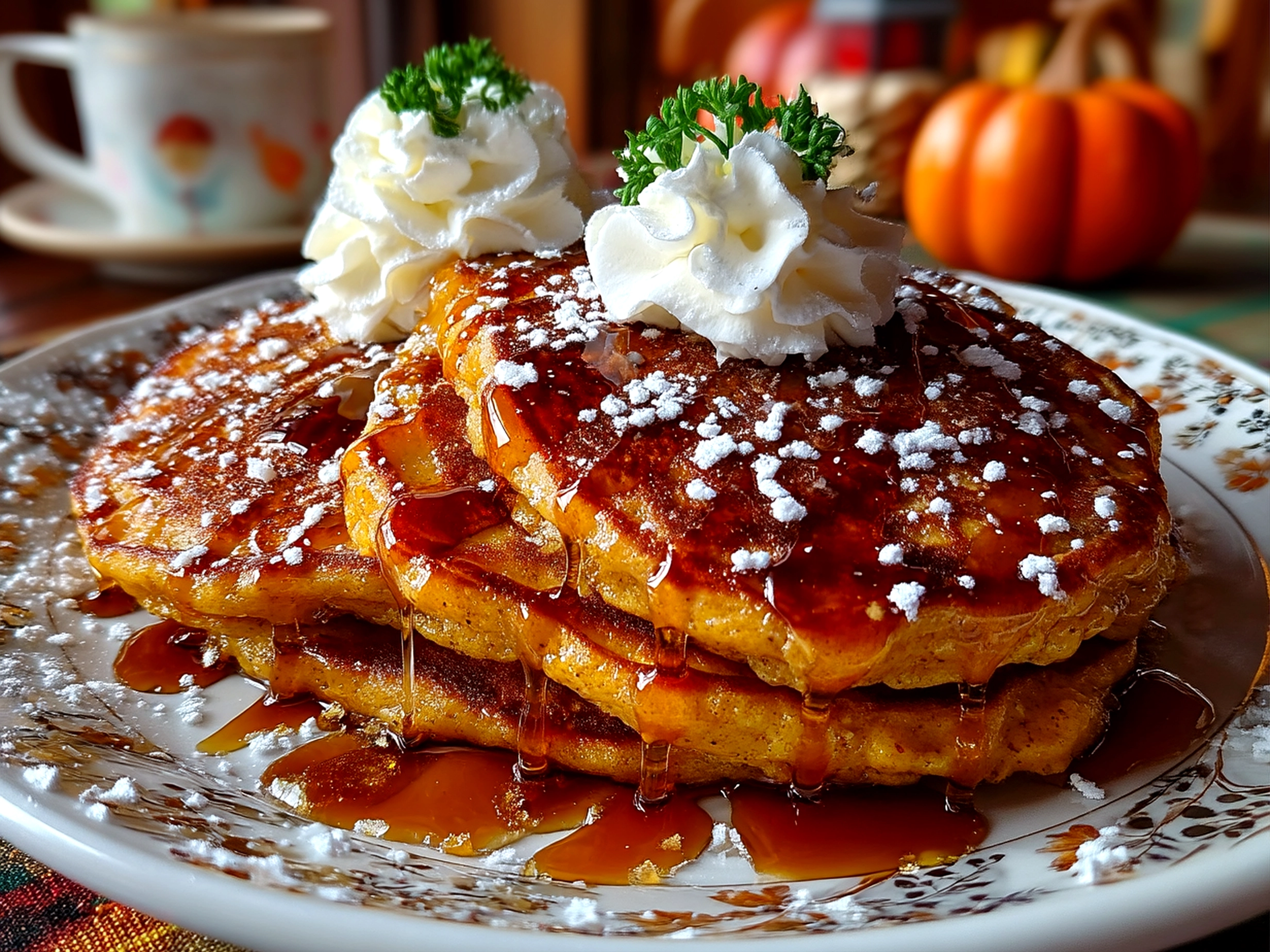 Slight angle close-up of finished Pumpkin Spice Pancakes served with maple syrup and butter