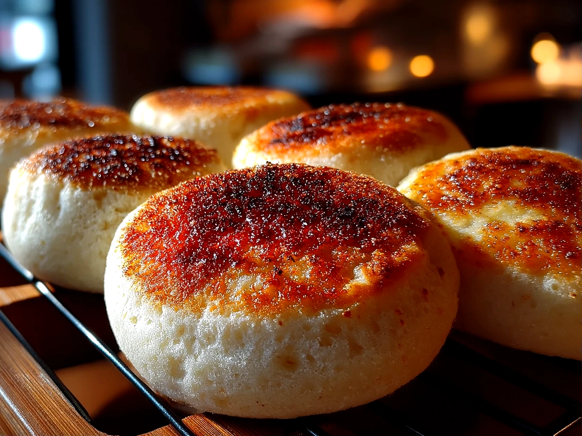 Close-up view of freshly cooked sourdough English muffins on a modern kitchen counter