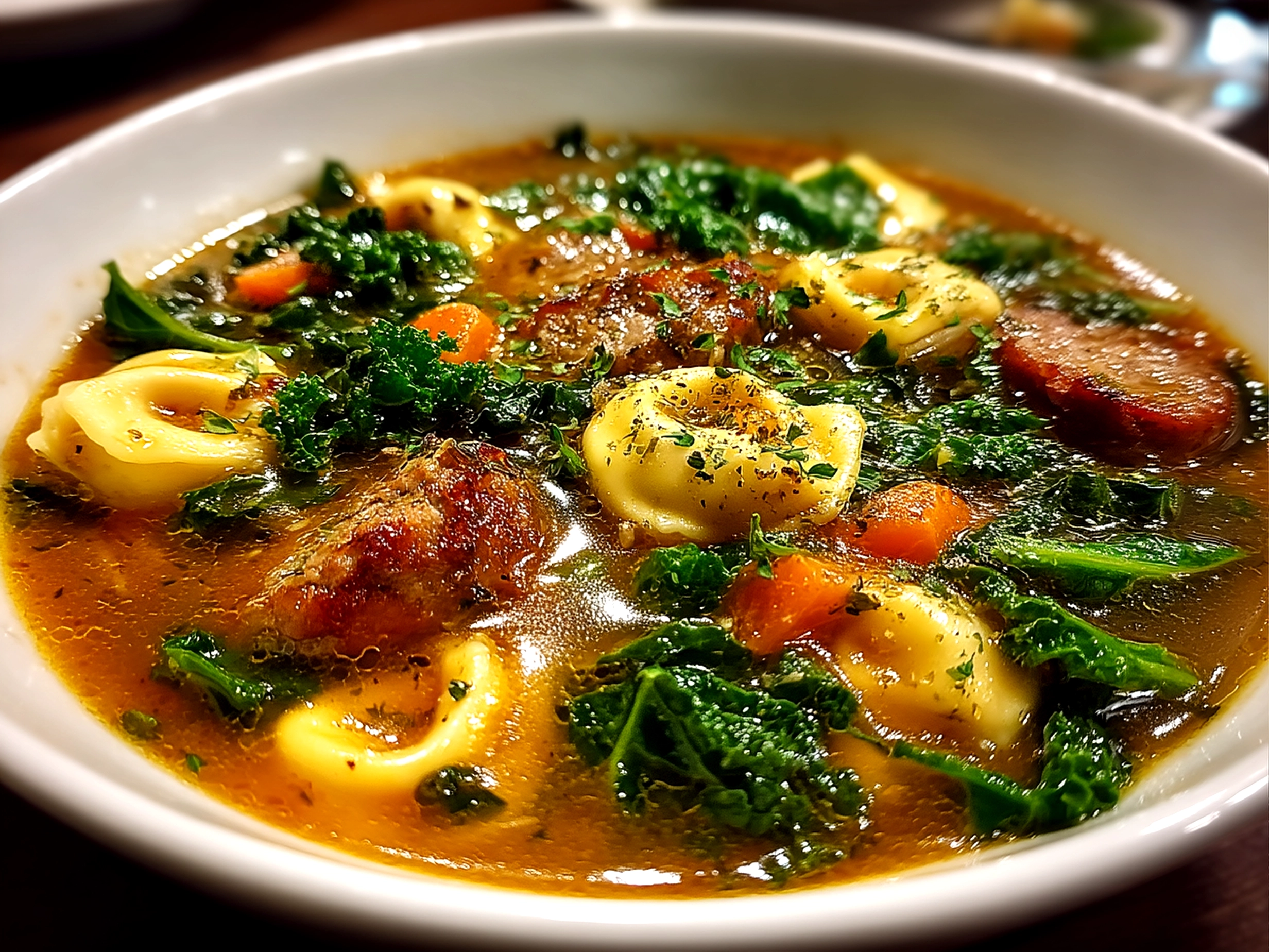 Close-up of finished tortellini soup with sausage and kale in a bowl