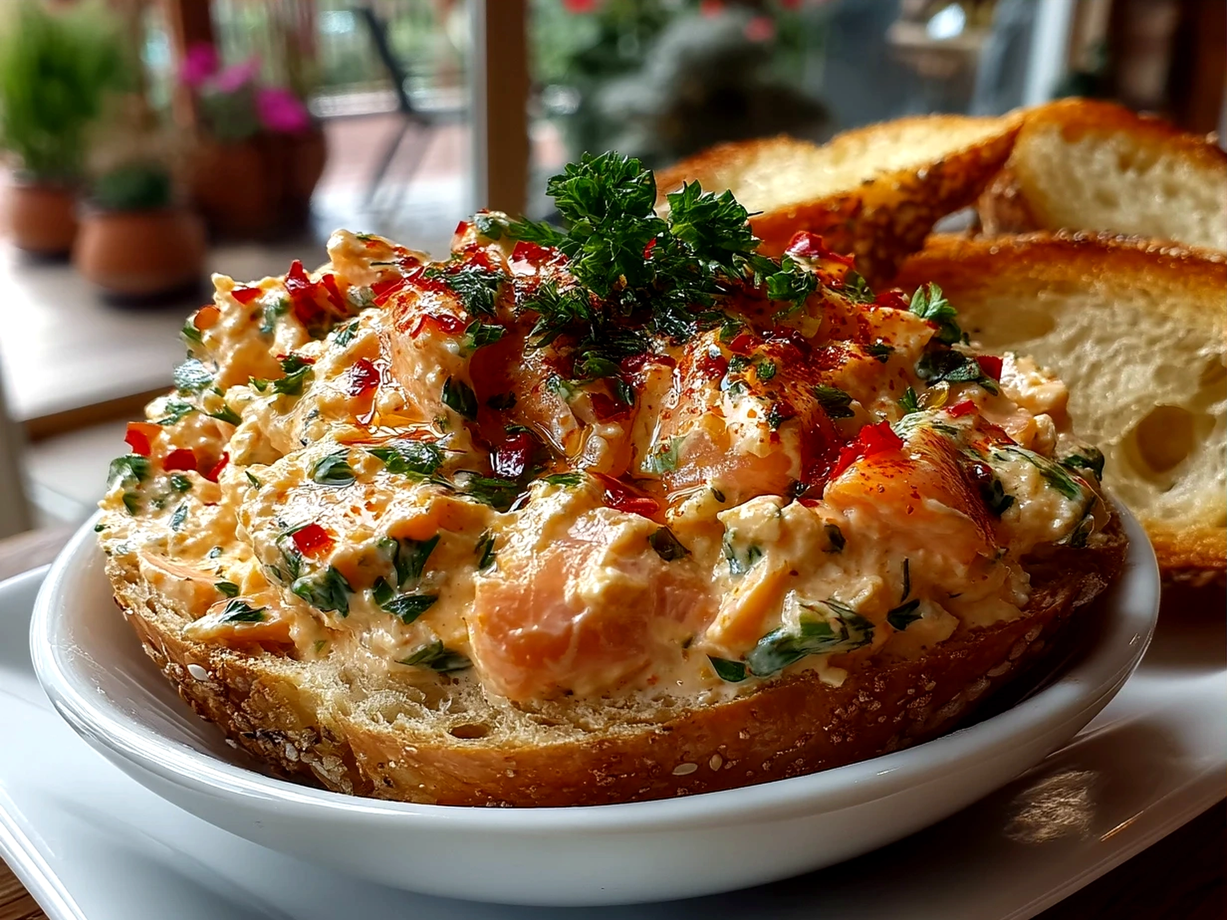 Smoked Salmon Bagel Dip served with bagel chips and fresh veggies on a table