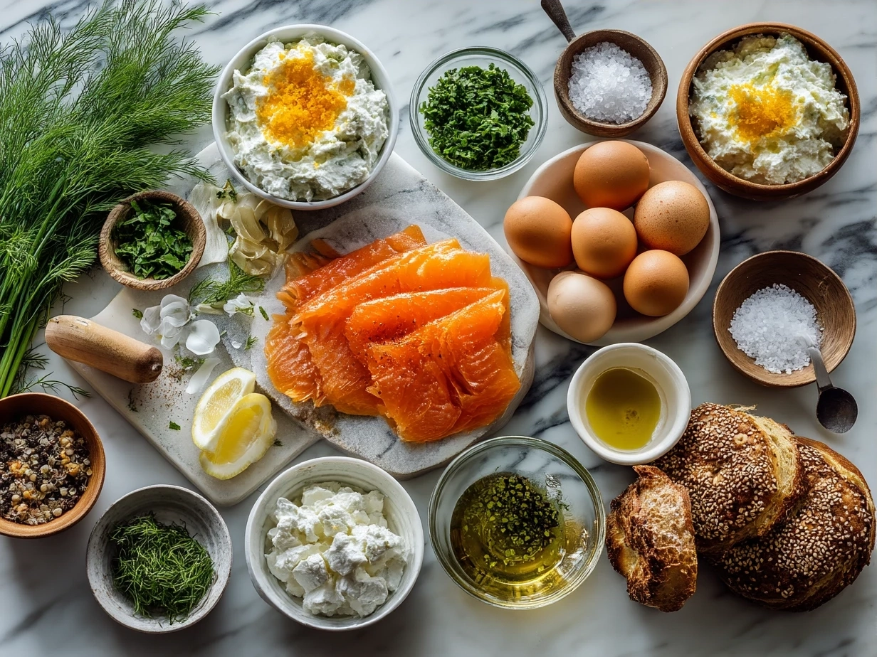 Ingredients for Smoked Salmon Bagel Dip laid out on a table