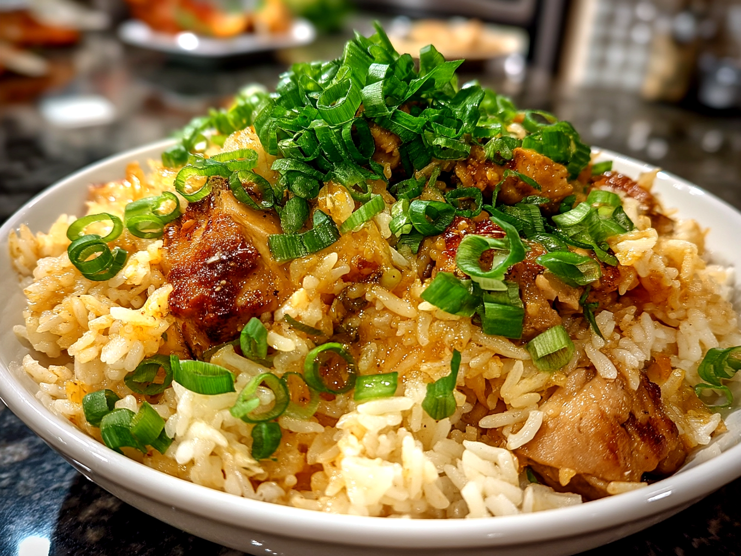 A bowl of smothered chicken rice garnished with fresh parsley ready to serve