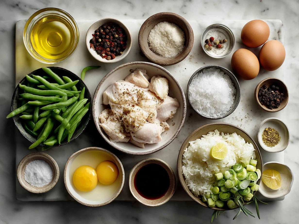 Ingredients for smothered chicken rice laid out on a kitchen counter
