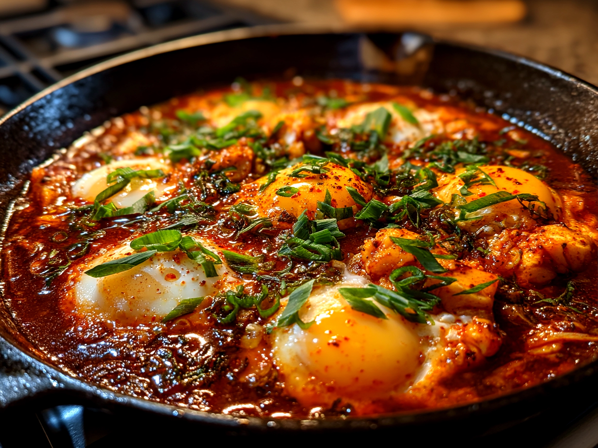Plated Spicy Gochujang Eggs garnished with green onion and sesame seeds served with cucumber slices