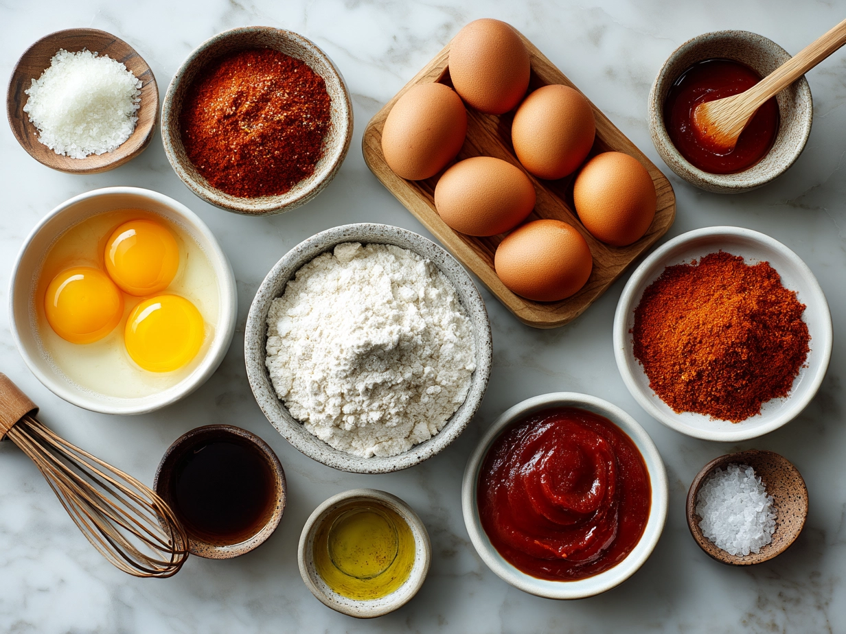 Ingredients laid out for Spicy Gochujang Eggs recipe including eggs, gochujang paste, soy sauce, sesame oil, garlic, green onion, sugar, and sesame seeds