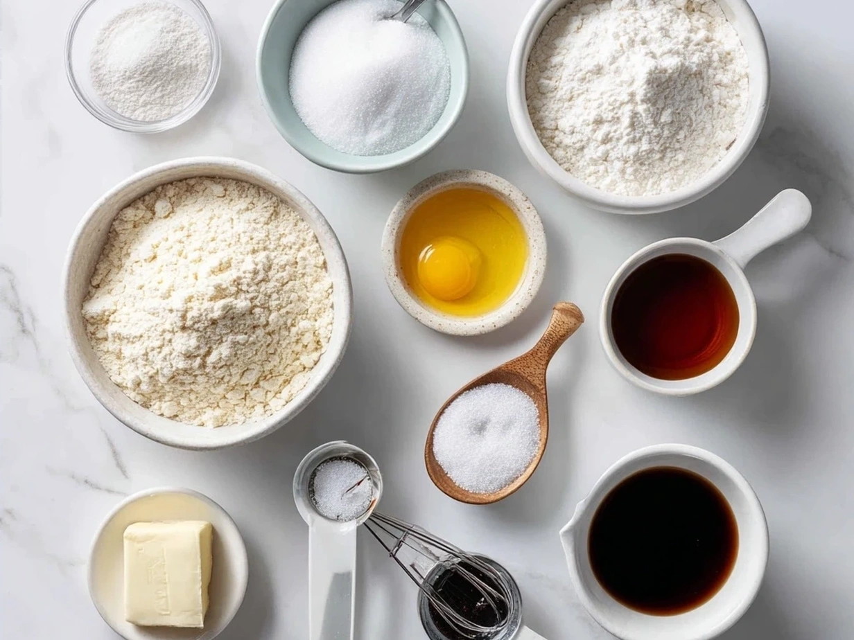 Ingredients for classic sugar cookies laid out on a kitchen counter