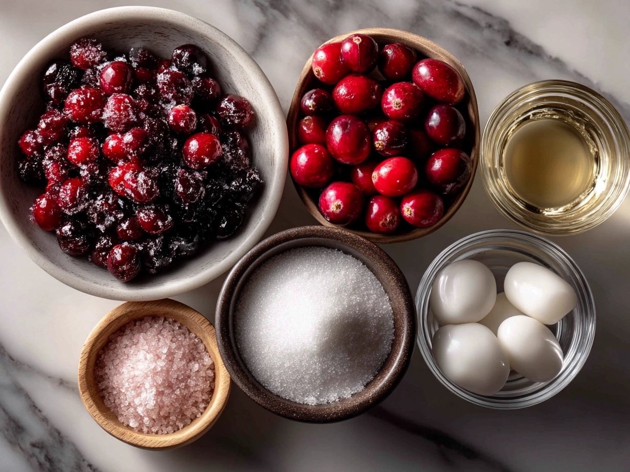 Ingredients for Sugared Candied Cranberries Soda including fresh cranberries, sugar, water, and sparkling water