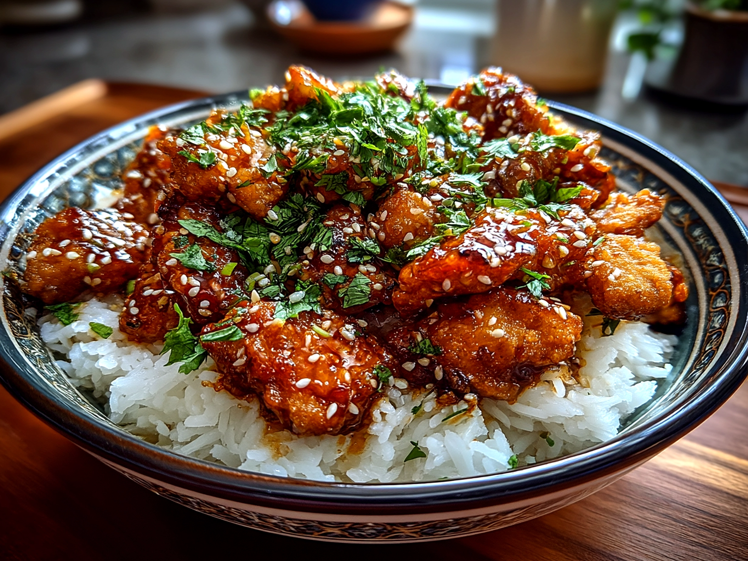 Plated Sweet Chili Chicken Bowl with rice, chicken, and vegetables garnished with green onions and peanuts