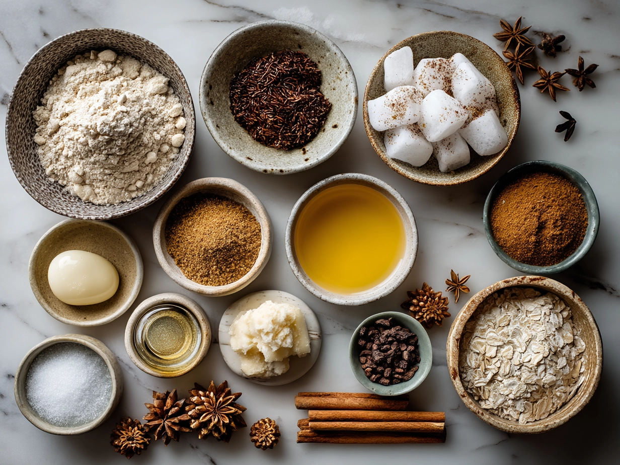 Ingredients for Ginger-Spiced Apple Holiday Bake, including apples, oats, butter, and spices
