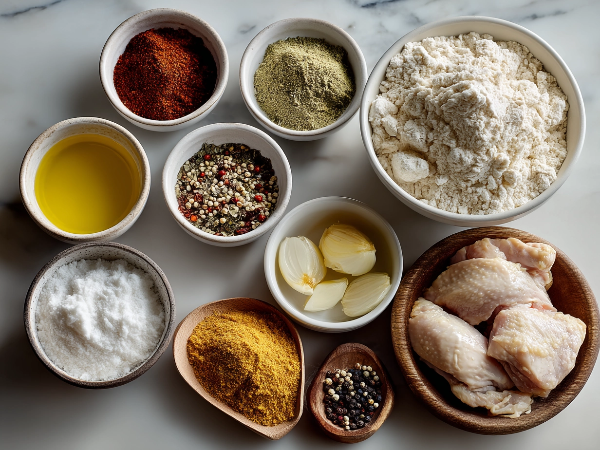 Top-down view of raw ingredients for Butter Chicken including spices, chicken, butter, tomato puree, onion, garlic and cream