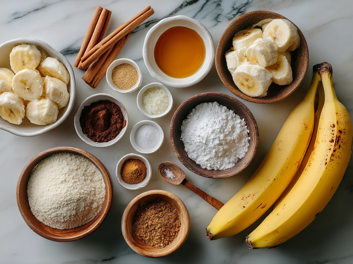 Top-down view of raw ingredients for caramelized baked banana slices on marble surface