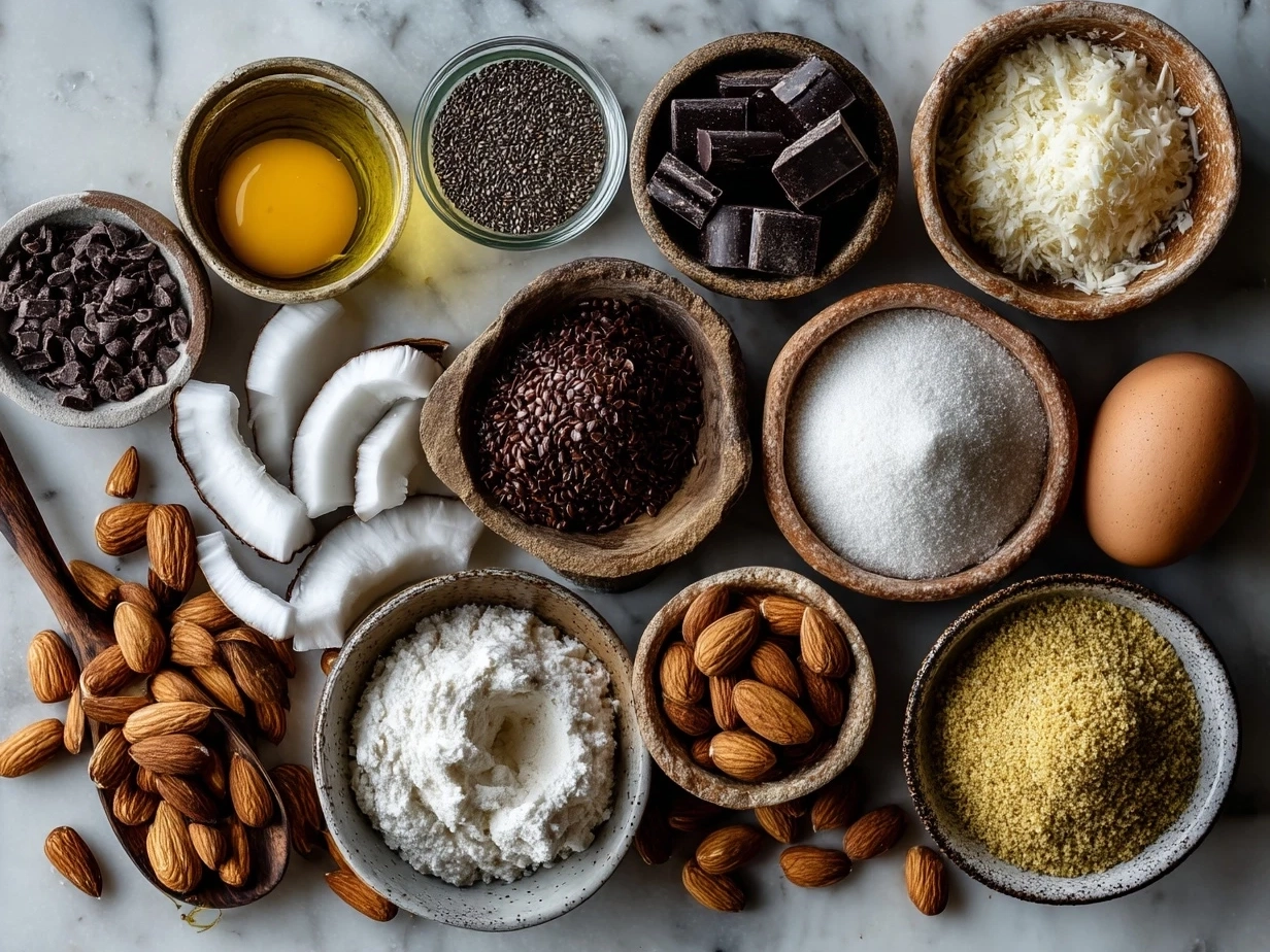Top down view of raw ingredients for Coconut Almond Chocolate Pudding including coconut milk, almond milk, cocoa powder, maple syrup and toasted almonds