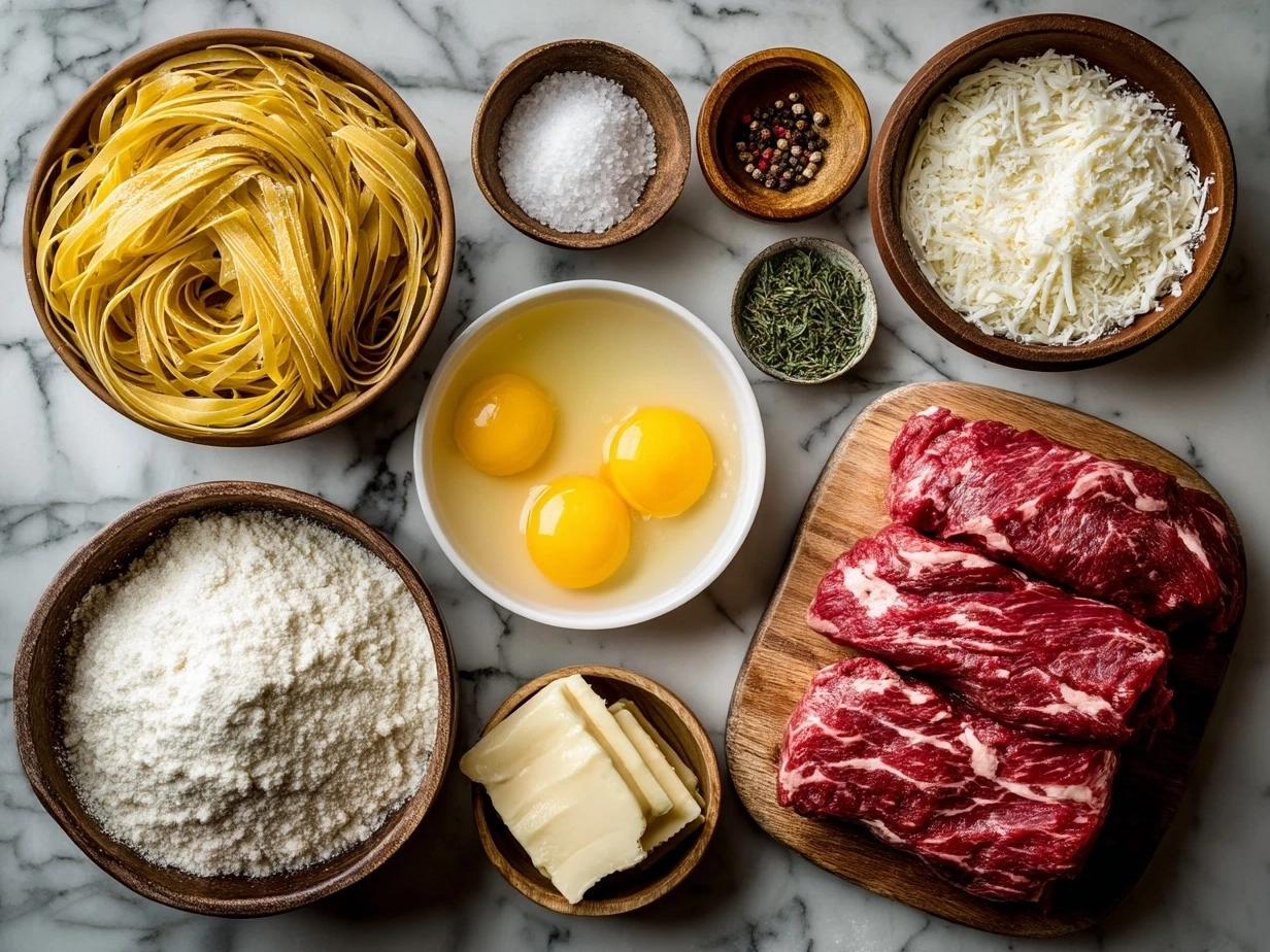 Top down raw ingredients for creamy beef pasta on a marble surface, organized mise en place with modern kitchen style