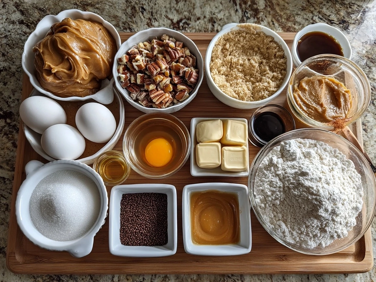 Top-down view of raw ingredients for Old Fashioned Peanut Butter Pie arranged on marble surface