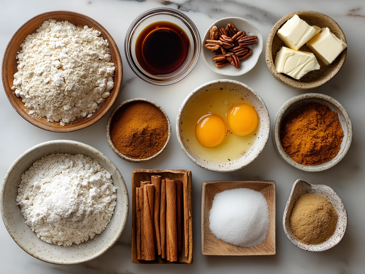 Top-down view of raw ingredients for Pumpkin Spice Pancakes arranged on marble surface