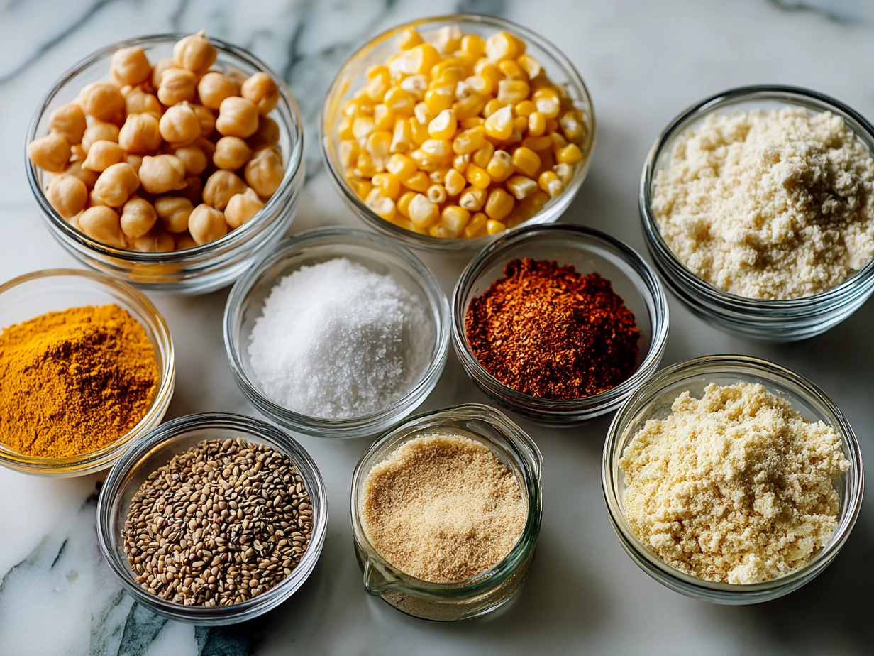 Top down raw ingredients for roasted chickpea corn mix on marble surface