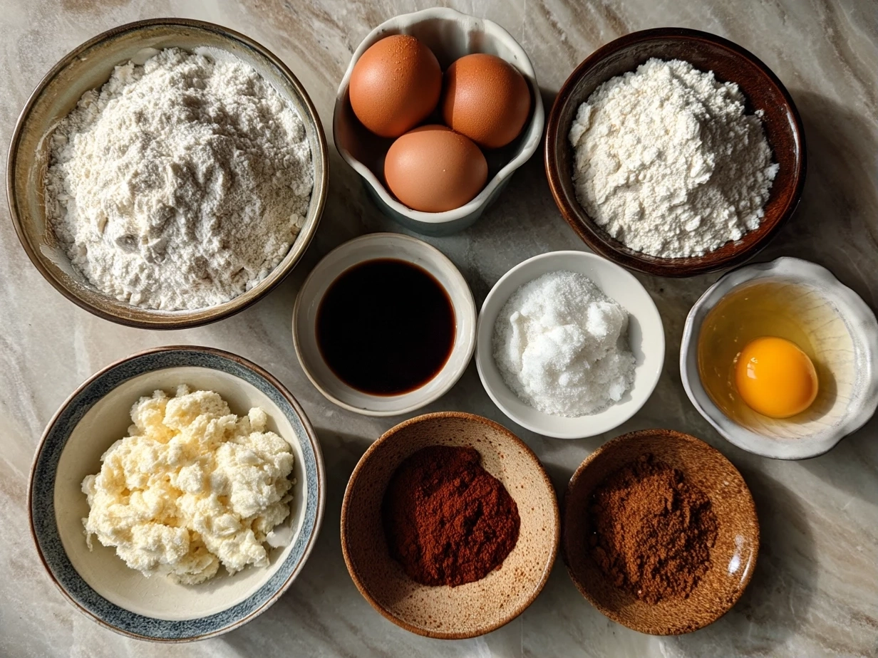 Raw ingredients for sourdough English muffins arranged on a white marble countertop