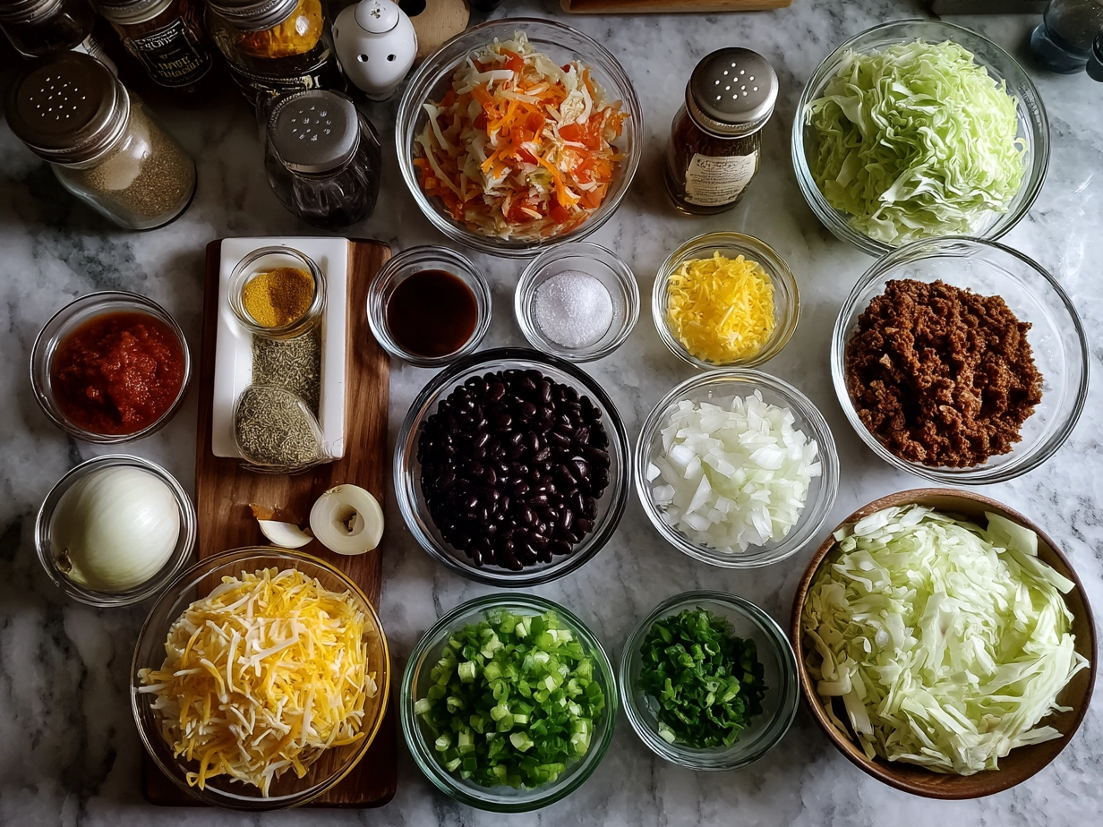 Raw ingredients for Tex Mex Cabbage Skillet on marble surface