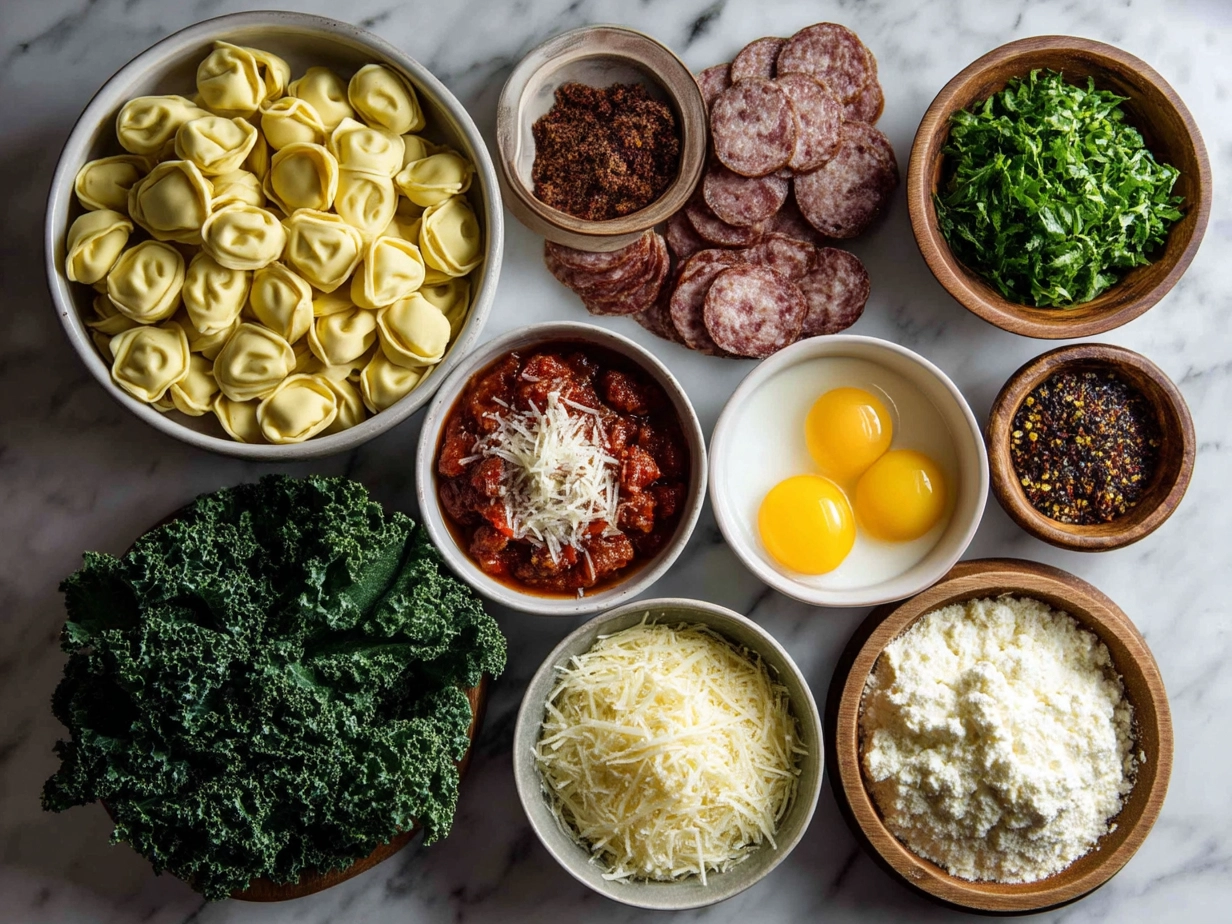 Raw ingredients for tortellini soup with sausage and kale arranged in bowls and plates