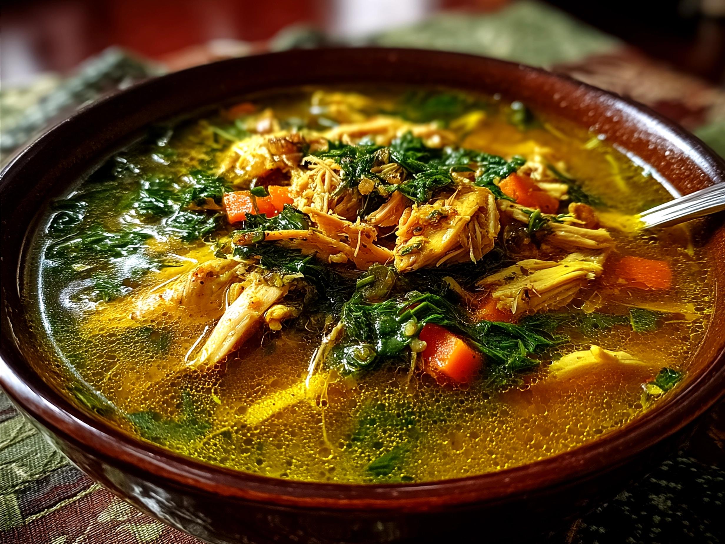 Bowl of golden Turmeric Chicken Soup garnished with fresh herbs and served with crusty bread