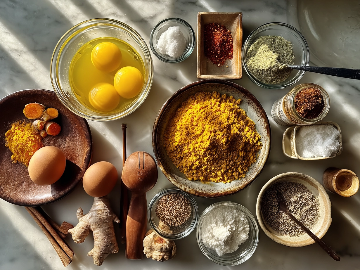Ingredients for Turmeric Chicken Soup including olive oil, onion, garlic, ginger, turmeric, cumin, chicken broth, shredded chicken, carrots, celery, and coconut milk