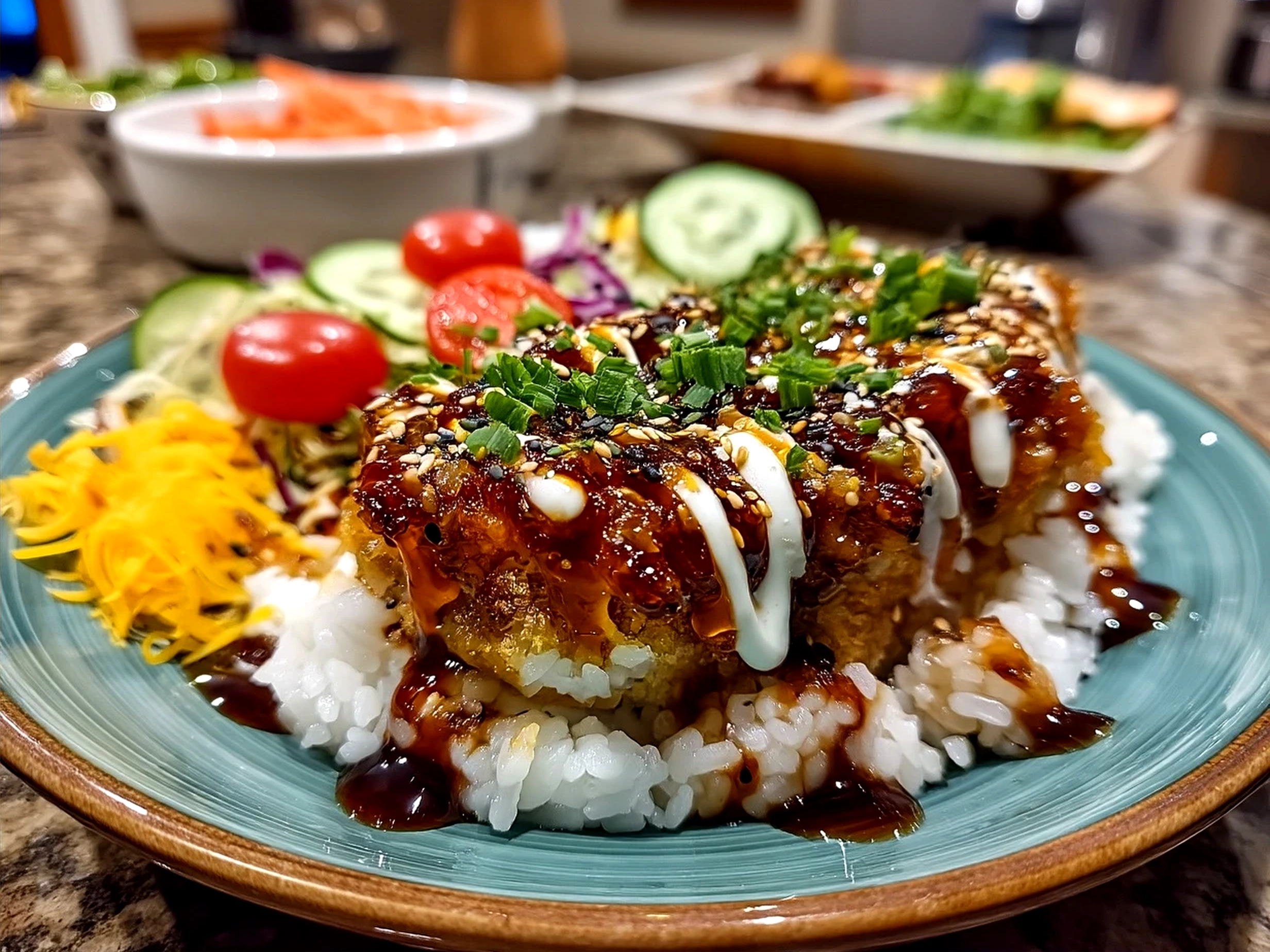 Served Vegetarian Crunchy Roll Bowls with colorful vegetables and tempura