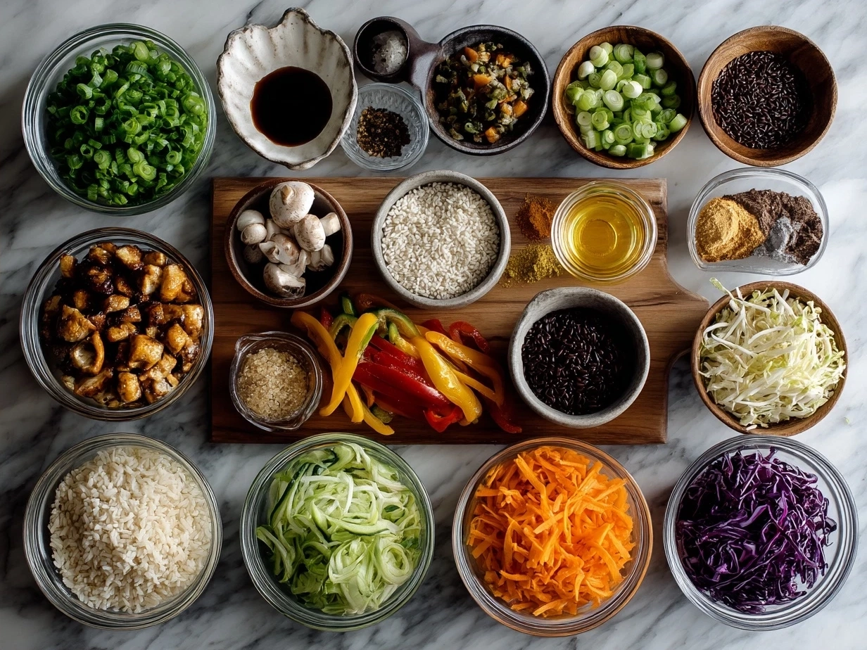 Ingredients for Vegetarian Crunchy Roll Bowls including rice, tempura vegetables, avocado, and cucumber